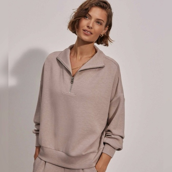 Varley Anthropologie 1/4 Zip Sweatshirt Brown Taupe Pullover Loungewear EUC XL - Picture 1 of 16